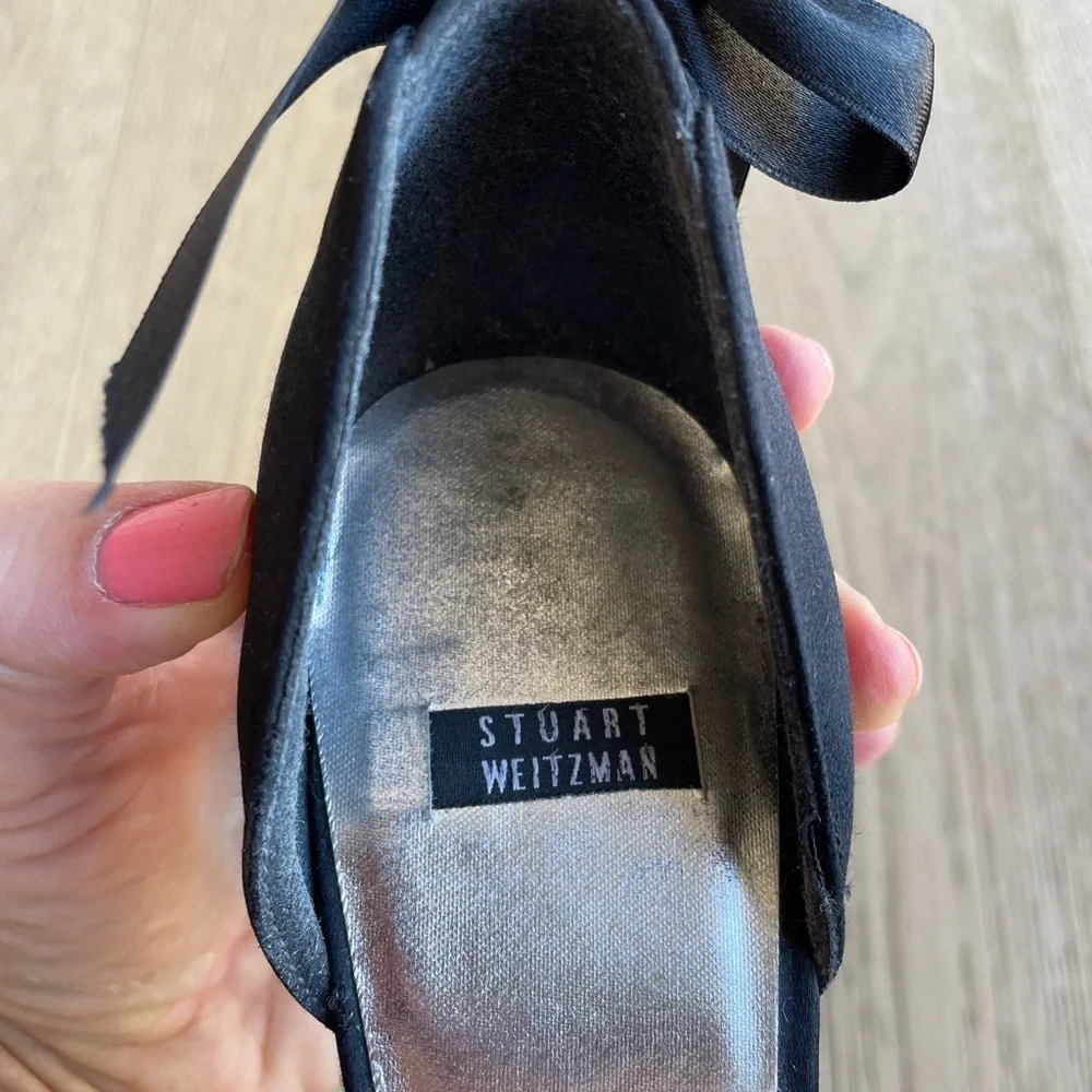 Stuart Weitzman Black Satin Bow Heels Crystal Pointed Toe Pumps 7.5